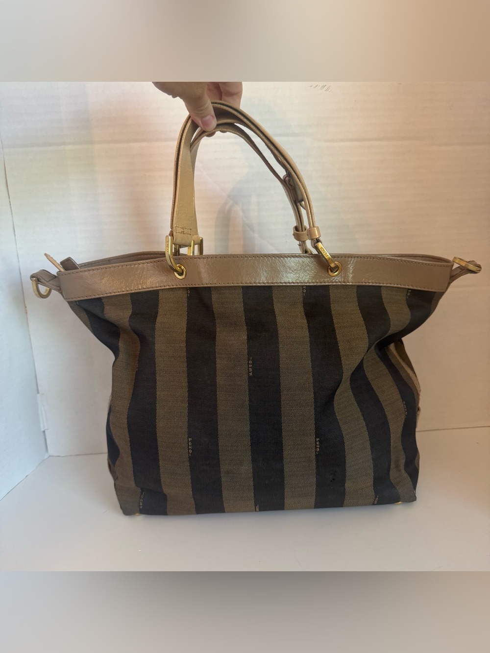 Authentic Fendi Pequin Striped Canvas Tote Bag Satchel Purse Brown Black
